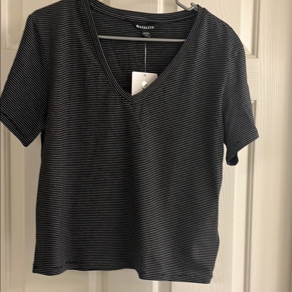 Athleta Essential V-neck Black Striped Women's Top